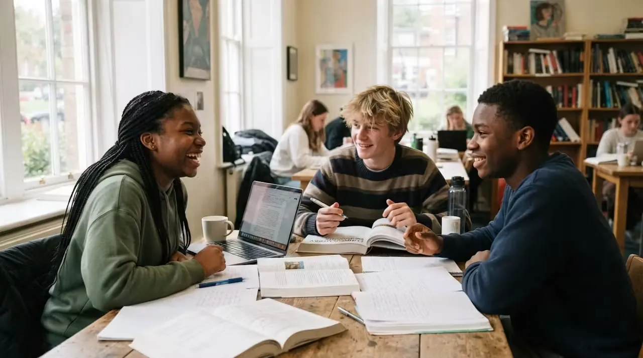 Three students working together over open books and a laptop in a bright study room