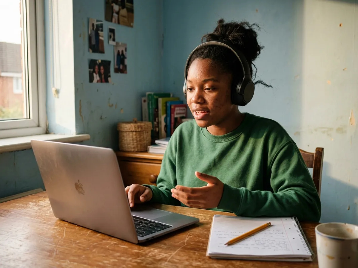A student in a live online lesson, talking to her tutor through her laptop