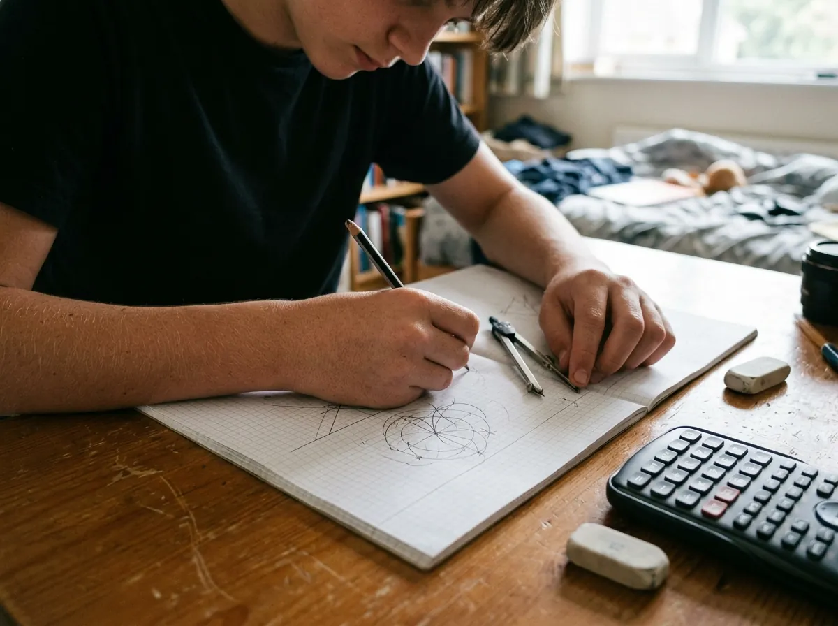 A student working a geometry problem with a compass and calculator