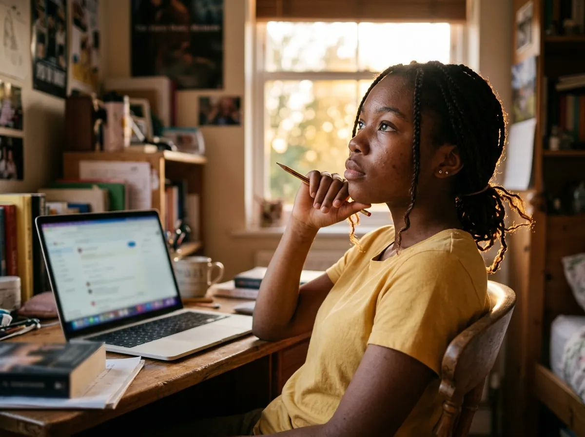 A student thinking through a coding problem at a laptop