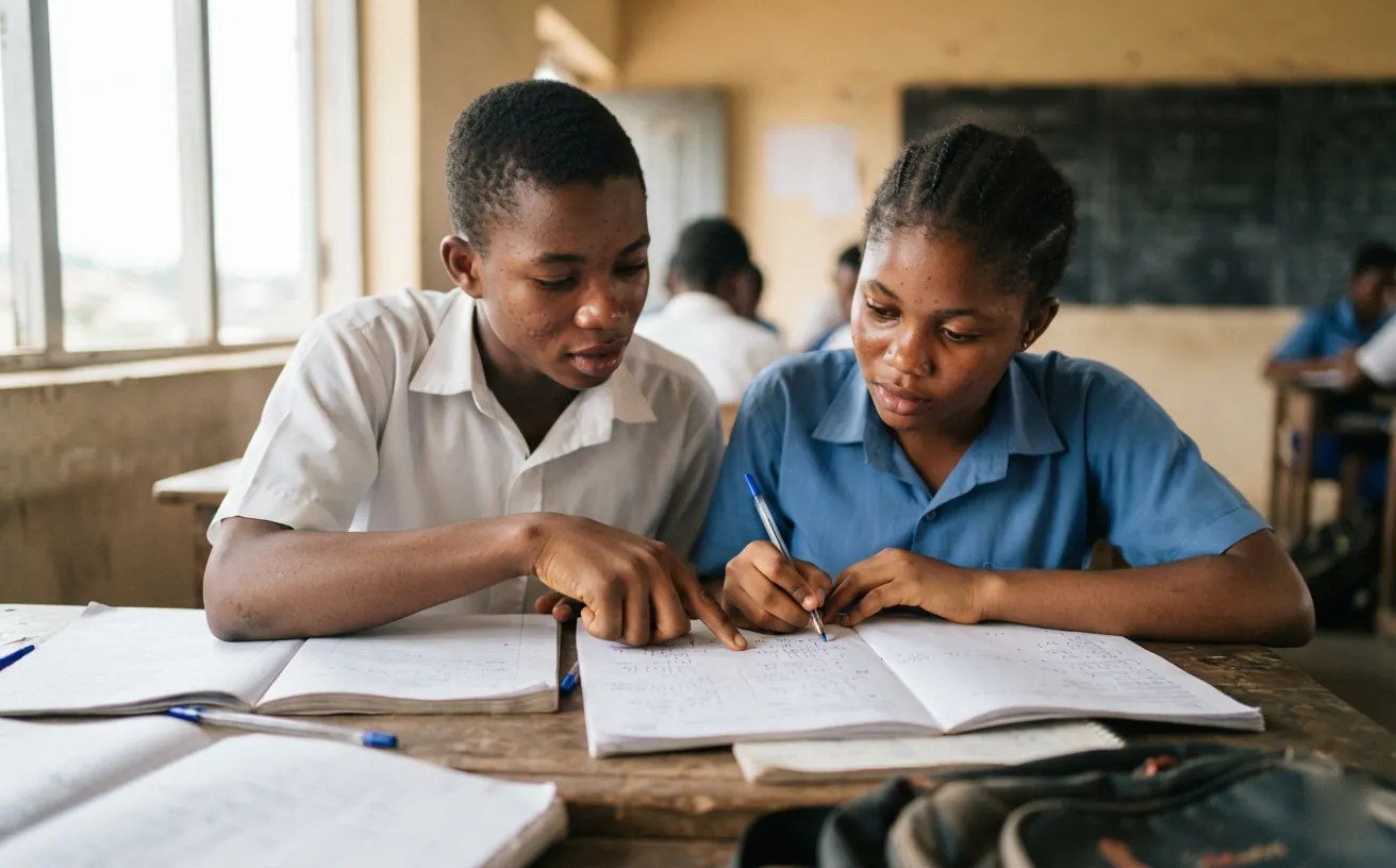 Two Nigerian secondary school students working through a maths past paper together