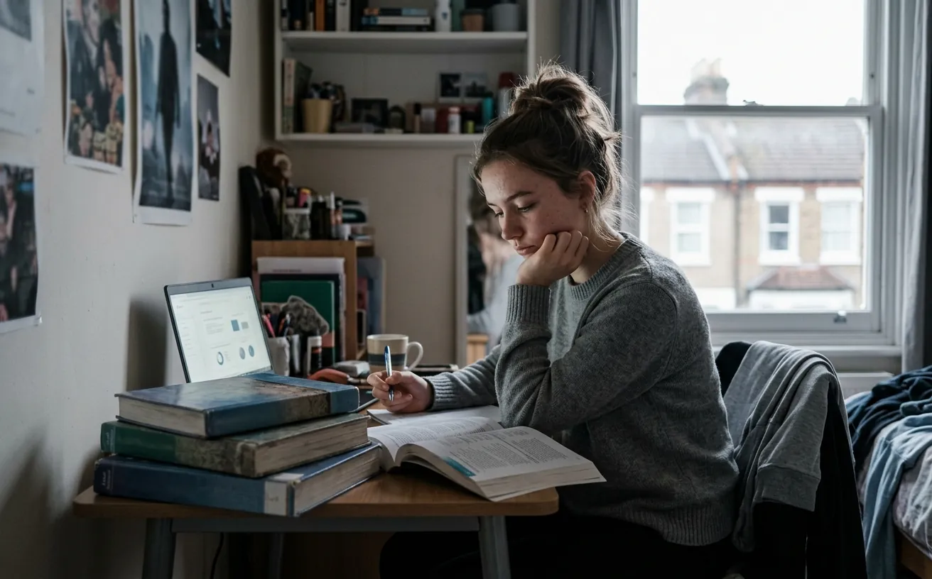 A sixth-form student revising from A-Level textbooks at a desk