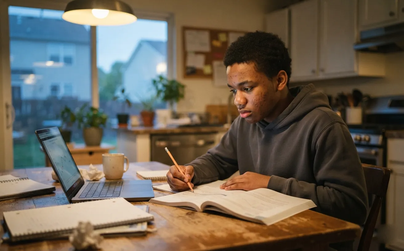 A high school student working through SAT practice questions at a kitchen table